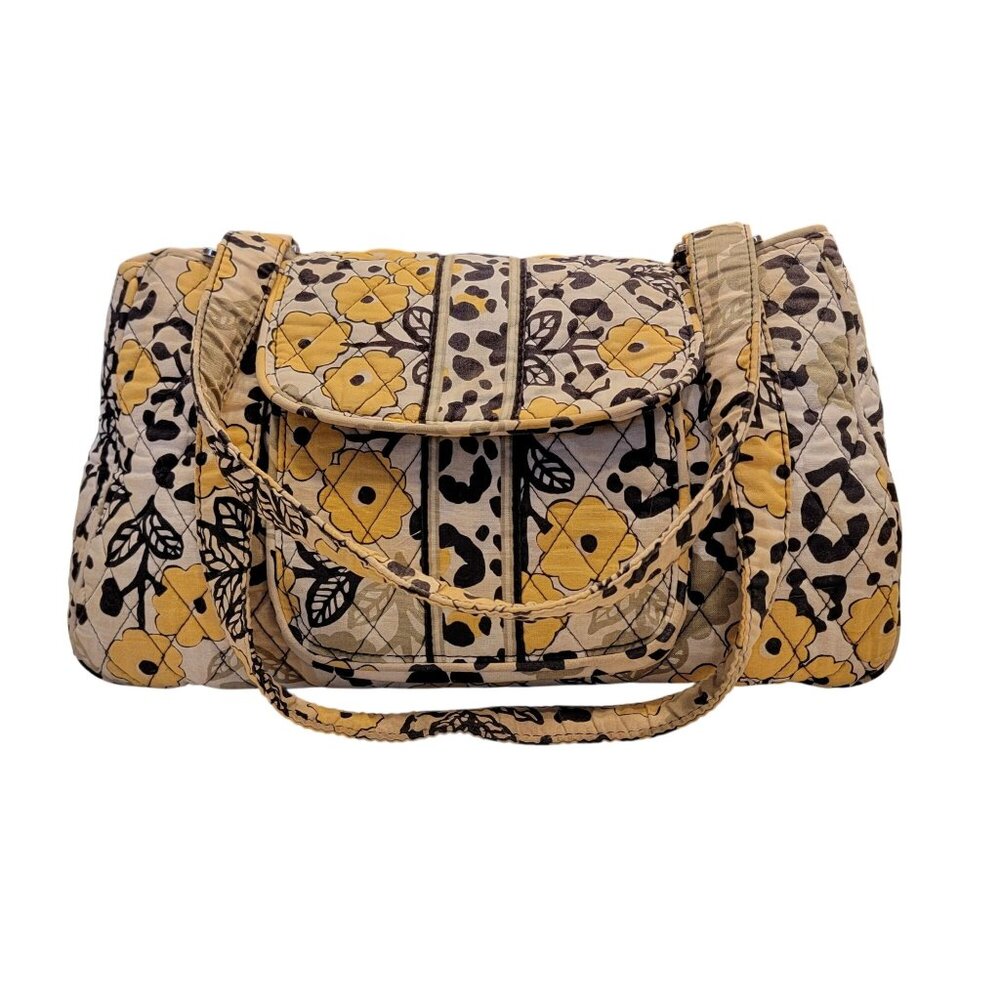 Vera Bradley “Go Wild” Quilted Shoulder Bag Yellow Floral Leopard Print Zip Tote